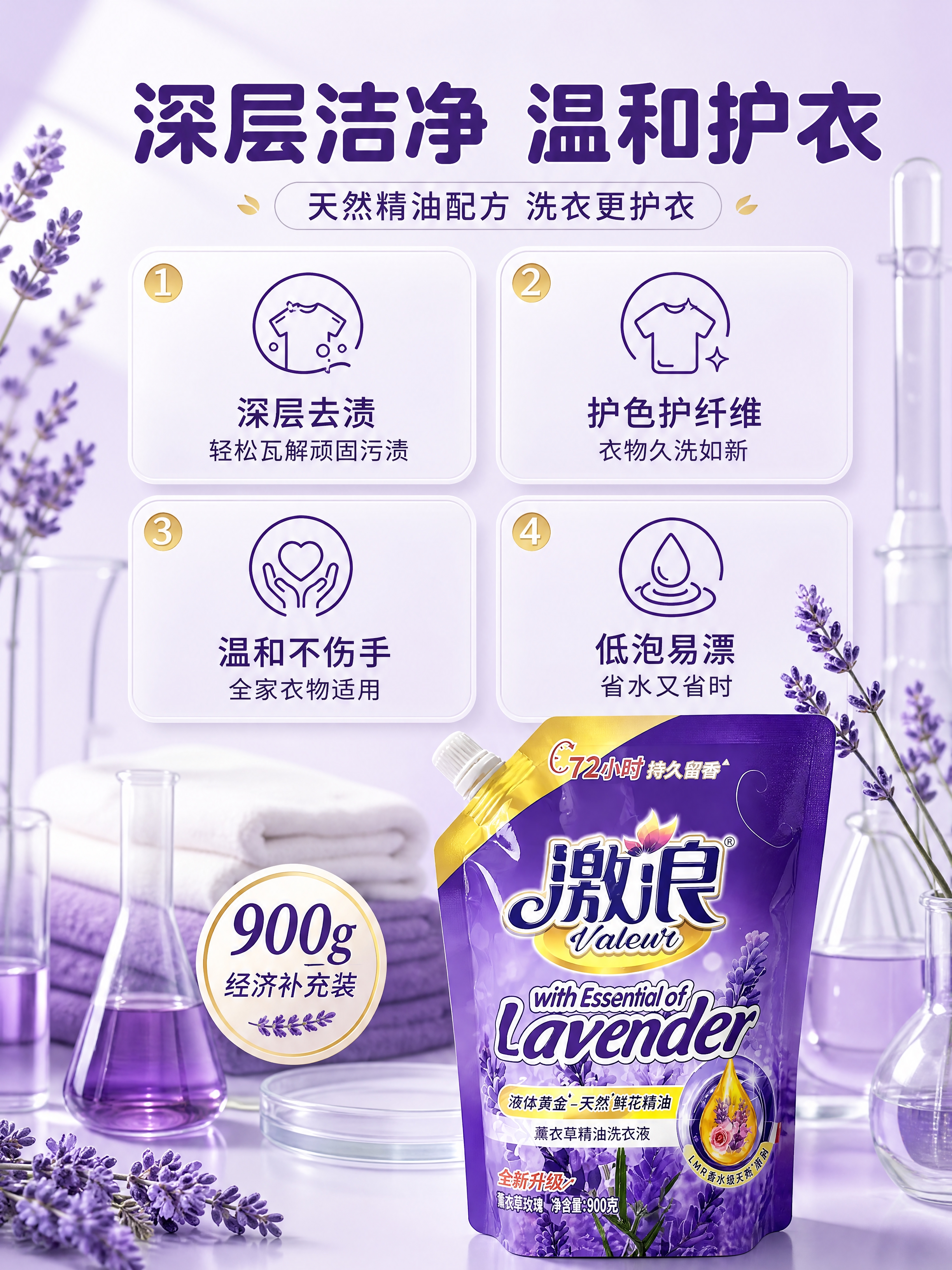 [商品] 使用【图1】激浪薰衣草精油洗衣液900g袋装；保留紫… - 图片创意预览