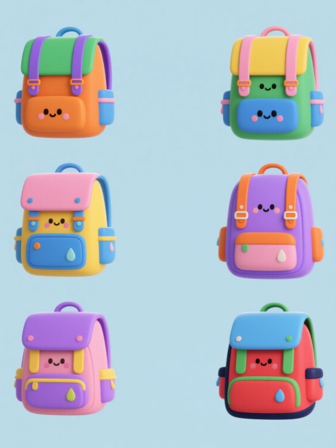 六个软3D风格卡通背包的系列素材集合，每个背包保持相同的造型设计：黄色主袋、粉色翻盖和前袋、蓝色背带和圆形按扣、侧边口袋及水滴装饰，均为纯色背景，规整排列。第一个背包采用橙色主袋搭配绿色翻盖和紫色背带，第二个为蓝色主袋配黄色翻盖和橙色背带，第三个是绿色主袋配蓝色翻盖和粉色背带，第四个为紫色主袋配橙色翻盖和绿色背带，第五个是粉色主袋配紫色翻盖和黄色背带，第六个为红色主袋配蓝色翻盖和绿色背带，所有……预览效果