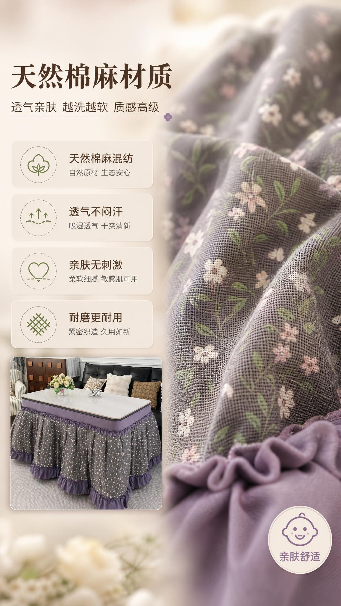 [商品] 使用【图3】紫色碎花款烤火被；保留紫色碎花图案、紫色… - 图片创意预览