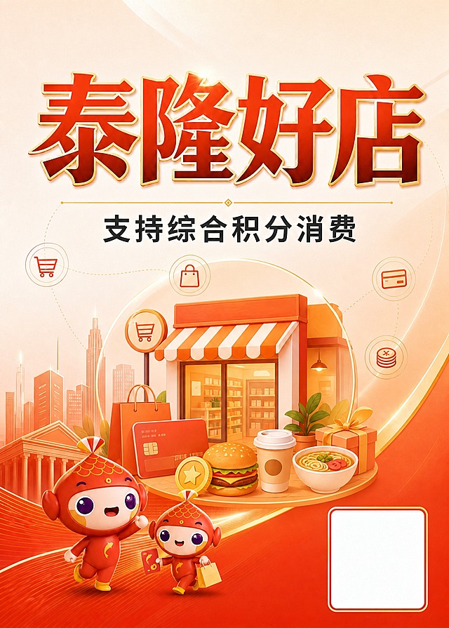 在现有海报基础上优化，保持橙红色系和整体版式不变，在画面中增加与"泰隆好店"主题相关的场景图片元素，让海报更有画面感但仍保持清爽。

具体修改：
1. 保持主标题"泰隆好店"、副标题"支持综合积分消费"的位置、字体和颜色不变
2. 保持两个敖润小鱼吉祥物在左下角的位置和形象
3. 右下角保留二维码占位框
4. 在画面中部（副标题下方、吉祥物上方的区域），增加一组与好店消费主题相关的精致小场景插画或图标组合，例如：
   - 一家温馨的小店门面（便利店/餐饮店/水果店的简化插画）
   - 购物袋、银行卡、积分金币、美食、咖啡杯等消费元素的组合
   - 用圆形或卡片式边框框住，形成"好店场景"的视觉焦点
   - 元素风格统一为扁平插画或轻3D风格，橙红金配色，与整体协调
5. 原来的细线图标（购物车、包包、银行卡、金币）可以整合到场景中，或适当减少
6. 背景的城市建筑剪影保留但可适当弱化，让中部的好店场景更突出
7. 整体仍保持清爽干净，不要太满太杂，元素服务于"泰隆好店=积分消费好去处"的主题

严格约束：画面只出现"泰隆好店"和"支持综合积分消费"两行中文文字，不添加任何其他文案、英文、数字、水印。