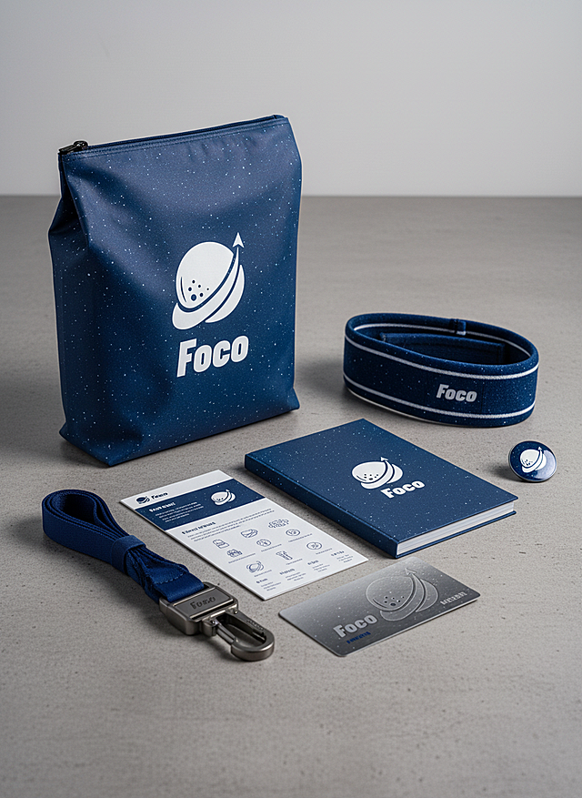 参考这个LOGO，做一套户外运动品牌视觉设计，品牌名称为“Foco"，包括包装袋、头巾、手册、金属卡、挂绳、徽章等。星空蓝视觉主色调，功能主义、坚固耐用的现代风格