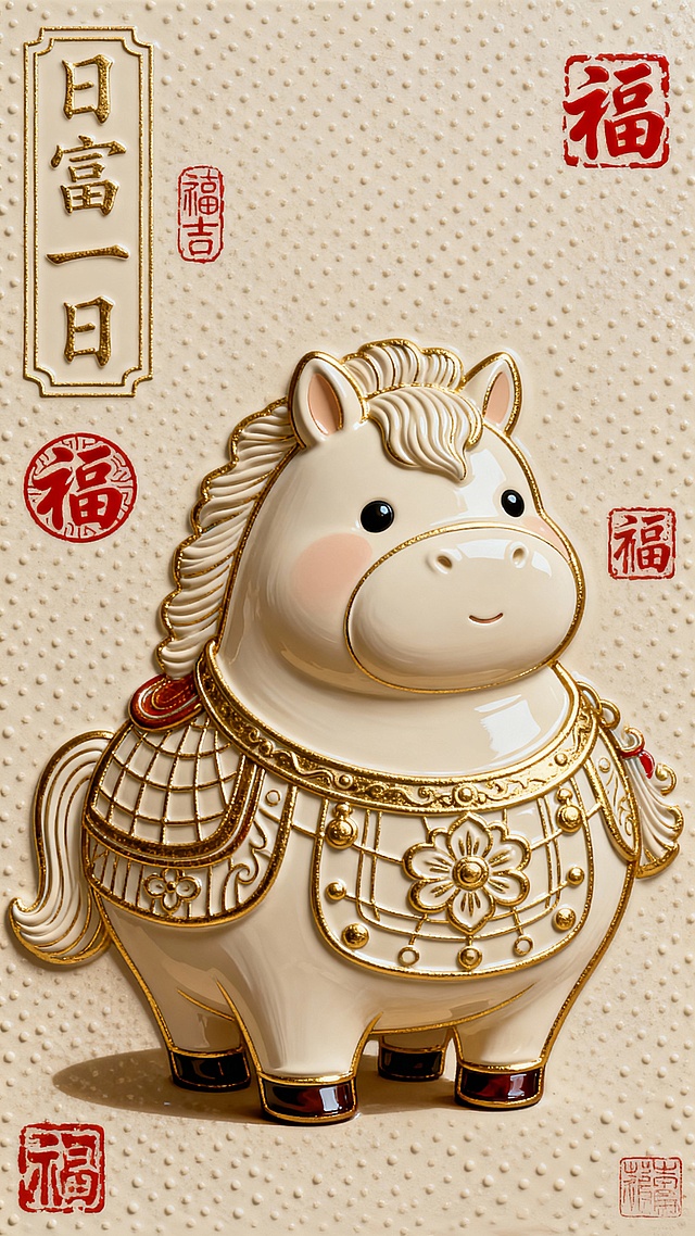 软3D风可爱马形象，鎏金浮雕装饰，中式喜庆元素点缀，尽显吉祥福瑞之气。