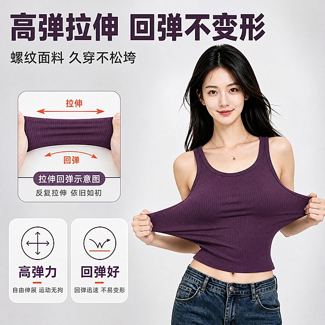 [主图-4] 深紫色高弹螺纹美背吊带背心 高弹拉伸展示图。
[统一基调] 拼多多电商风 大字醒目 活力运动 清爽干净 背景浅灰渐变 标题深紫色粗黑体 辅助字深灰 强调色亮橙红 圆角轻卡片 细线图标。
[画面] 年轻亚洲女模特身穿深紫色高弹螺纹工字背吊带背心 双手拉住背心两侧面料向外拉伸 展示面料高弹性 面料被拉开后仍保持螺纹纹理 回弹感强 模特表情自然 身体微侧 背景为浅灰渐变棚拍环境 旁边配一个面料拉伸回弹的示意小图 表现不变形特性。
[光影质感] 商业棚拍质感 柔和正面光 拉伸后面料纹理依然清晰 皮肤通透 手部动作自然 阴影柔和。
[配色] 背景浅灰渐变 标题深紫色 辅助文字深灰色 深紫色背心 强调色亮橙红用于回弹箭头示意。
[文字版式] 画面上方大粗黑体标题"高弹拉伸 回弹不变形" 标题下方小字副标题"螺纹面料 久穿不松垮" 画面下方配2个圆角轻卡片 分别写"高弹力""回弹好" 配简约箭头图标 文字放在负空间 不遮挡模特和拉伸动作。
[输出要求] 1:1正方形 2048x2048 文字清晰可读 动作自然 禁止手指畸形 肢体穿模 变形 错字 模糊 水印 平台Logo。