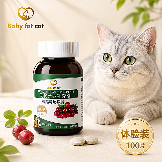 100片体验装蔓越莓泌尿片标签效果图，棕色瓶身保留原瓶标签设计，保留原Logo Baby fat cat，整体标签文字调整为净含量 50g(0.5g×100片)，突出体验装字样。搭配一只银渐层猫咪，场景为干净浅米色桌面，前景点缀少量蔓越莓鲜果和2片药片，整体清新温馨浅色系，左上角保留品牌Logo，文字清晰不遮挡。光影柔和自然，商业摄影质感，1:1比例 4K分辨率，负向提示词：变形，水印，错字，文字错乱，产品模糊，背景杂乱