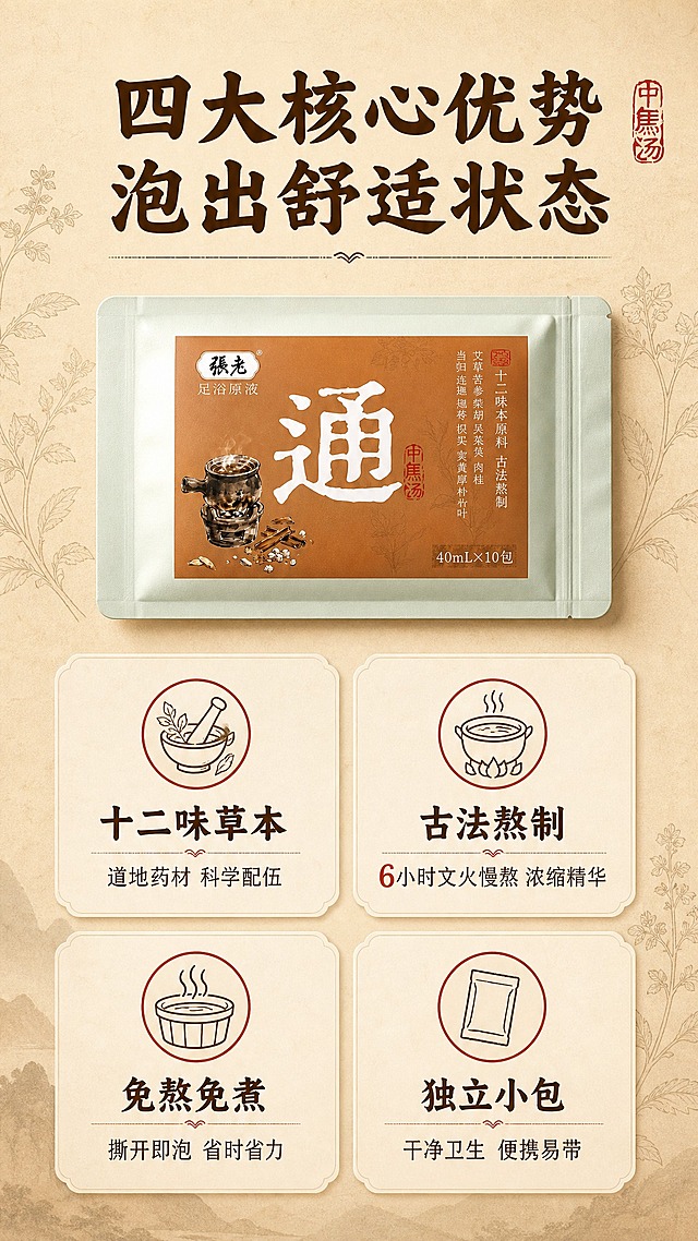 [商品] 使用【图6】张老中焦汤·通足浴原液袋装产品；保留包装袋完整结构、颜色、Logo、"通"字、所有包装文字与图案，清晰可辨，不做任何修改。
[画面] 第2张·核心卖点页，目标是快速传递四大核心利益点。竖版上下构图，上方产品袋横置居中，占画面约35%；下方四宫格布局，2行2列四个圆角信息卡，每卡配图标+短标题+一句话说明。背景为浅米黄色带细腻宣纸纹理，点缀草本植物剪影装饰。
[视觉] 套系策略：风格=中式古法养生商业摄影风，国潮质感；标题字=粗黑体+书法笔触，厚重有力；正文字=简洁黑体；主色=暖棕褐色；背景延展=基于暖棕做深浅层级、同色渐变、宣纸纹理和草本线稿装饰；强调色=朱红色，仅用于小面积印章、图标边框、标签和重点数字高亮；标题色=深棕褐色；正文色=中棕色；组件=圆角信息卡、线描图标、中式分隔线；光影=均匀柔和顶光，信息卡有轻微浮起阴影。
[文字] 顶部主标题"四大核心优势 泡出舒适状态"；四宫格分别：左上图标+"十二味草本"+"道地药材 科学配伍"，右上图标+"古法熬制"+"6小时文火慢熬 浓缩精华"，左下图标+"免熬免煮"+"撕开即泡 省时省力"，右下图标+"独立小包"+"干净卫生 便携易带"；所有文字横向排版，字号清晰手机可读，不遮挡产品。
[规格] 图片比例9:16竖版，4K，负向提示：避免变形、错字、文字过小、冷蓝/蓝灰背景、包装文字错乱、极限词、医疗功效承诺。