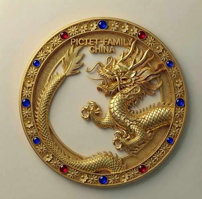 上方12点的英文LOGO;PICTET FAMILY CHINA的英文字母厚度高出外环花边。外环的黄金鎏金錾刻花纹立体感再强悍点，外环的黄金掐丝花朵的底部采用黄金掐丝的金丝编织徽孔鎏金质感。预览效果