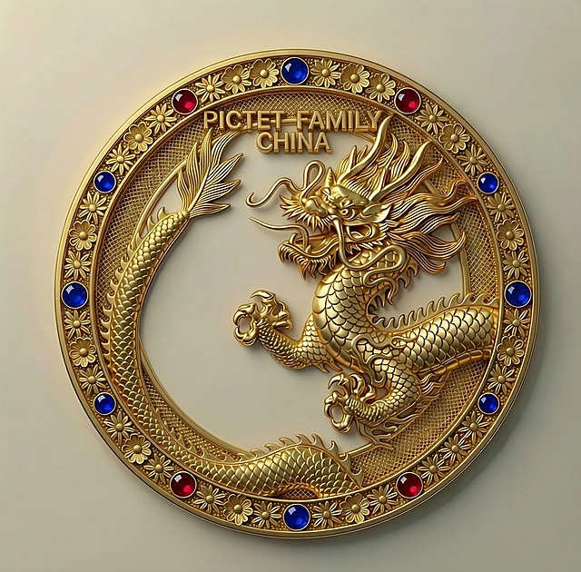 上方12点的英文LOGO;PICTET FAMILY CHINA的英文字母厚度高出外环花边。外环的黄金鎏金錾刻花纹立体感再强悍点，外环的黄金掐丝花朵的底部采用黄金掐丝的金丝编织徽孔鎏金质感。