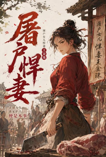 古言小说封面，屠户女儿悍妻王金珠，古代农家背景，主角眼神坚毅飒爽，配书名"屠户悍妻"，古风，小说封面风格，氛围爽文感预览效果