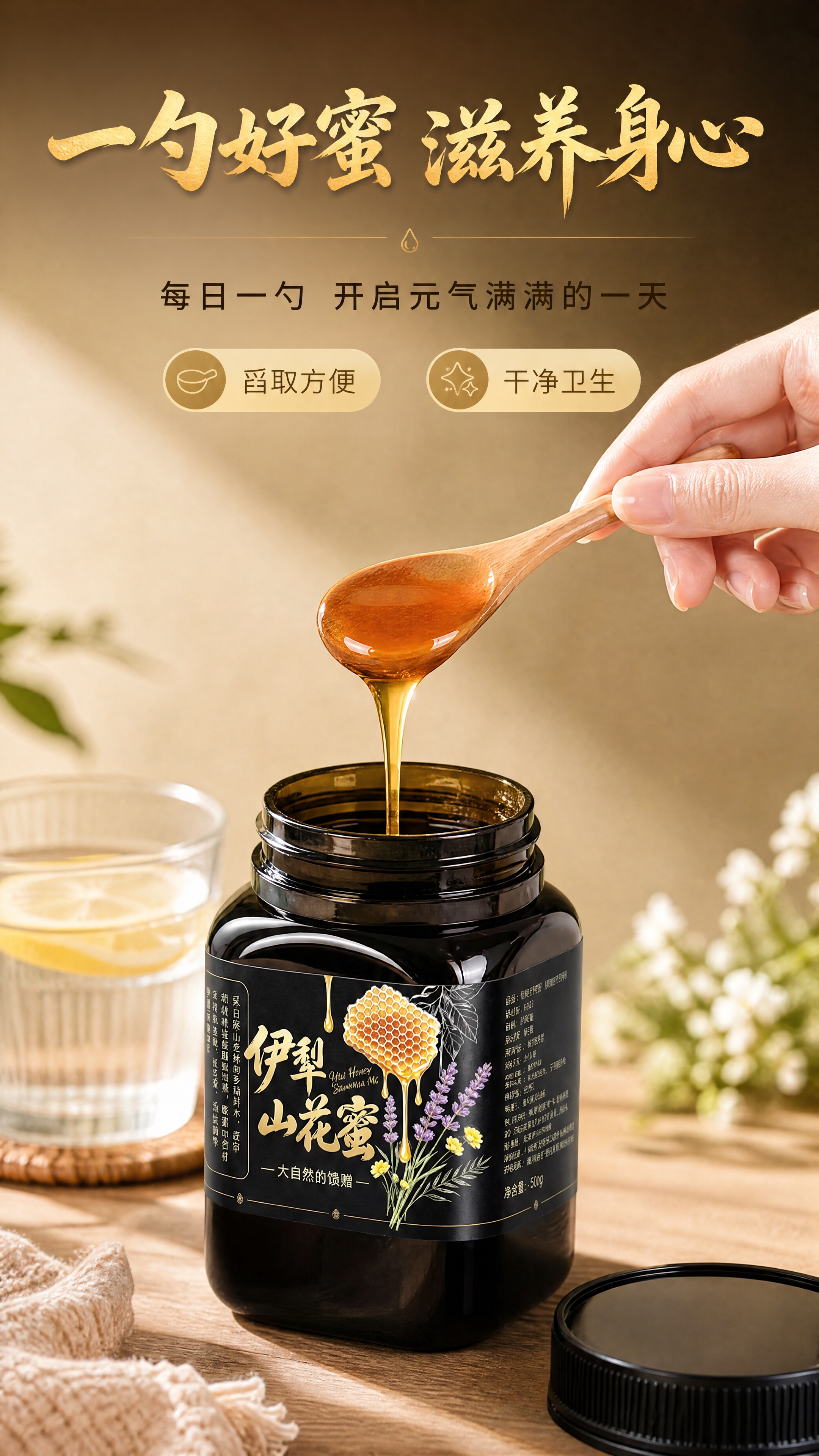 [商品] 使用【图1】伊犁山花蜜黑色瓶装蜂蜜；保留黑色瓶身、标… - 图片创意预览