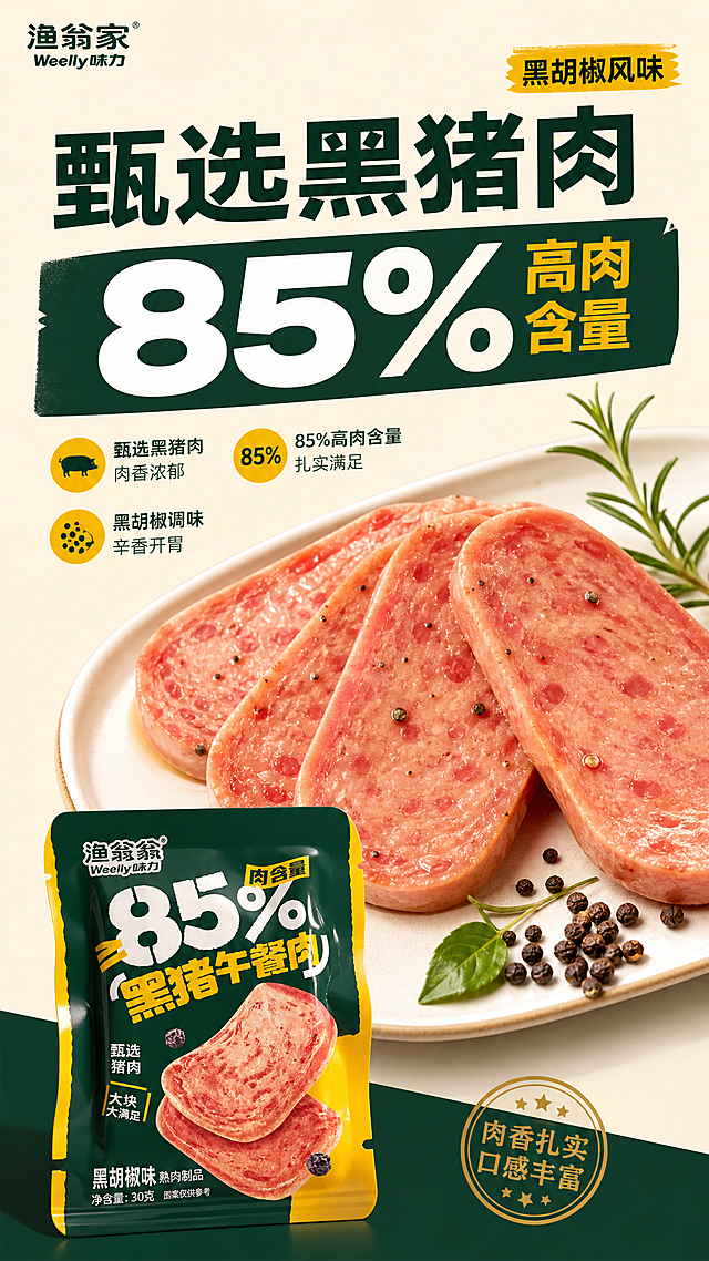 使用商品详情页技能根据商品图「图片1」生成详情页，参考图为，商品名称为渔翁家，卖点为85%黑猪午餐肉，适配平台为淘宝/天猫，图片比例为9:16，需求屏数为6张，