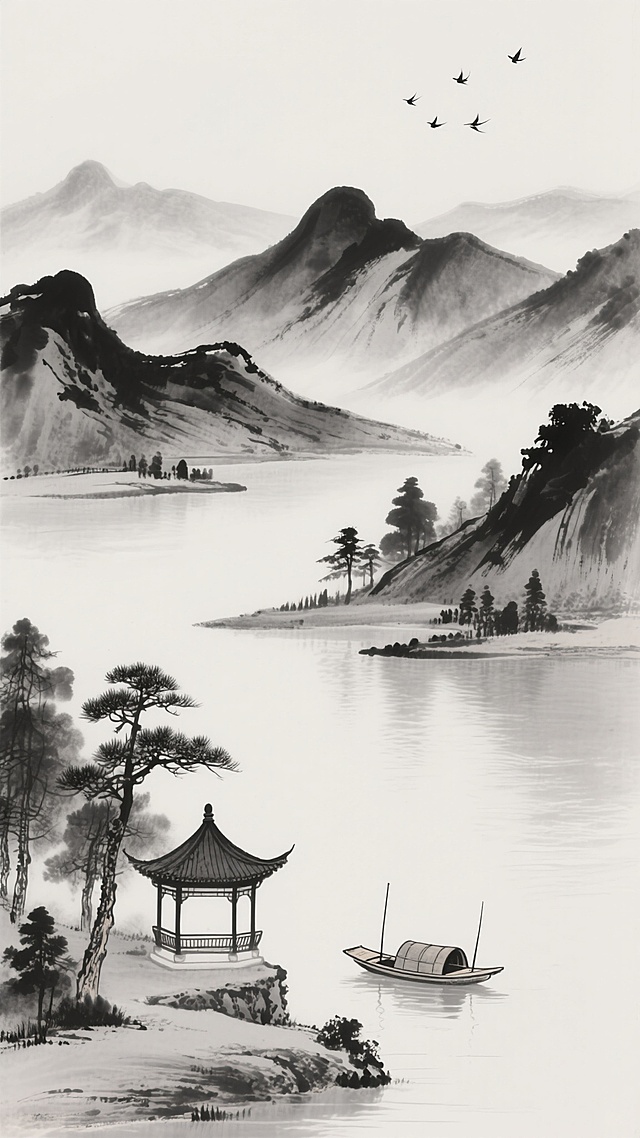 中国水墨画风格的山水背景，以黑白灰三色为主色调，运用浓淡干湿的墨色变化和流畅的线条勾勒出连绵起伏的远山，近处有平静的湖面，湖面上有一叶小舟，岸边点缀着几棵松树和一座古色古香的亭子，天空中有几只飞鸟，整体画面意境悠远、宁静淡雅，留白恰到好处，营造出空灵清幽的氛围。