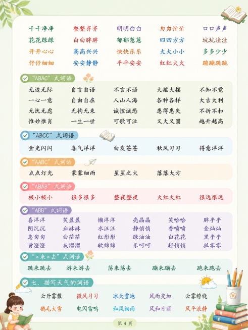 基于原图修改，保留原图所有文字内容不变，重新修改文字排版、字体和颜色，修改内图插画，适当添加少量符合小学语文学习主题的插画，整体采用清新高级的风格，整组风格保持统一，每页标题字体配色和所有页面保持一致预览效果