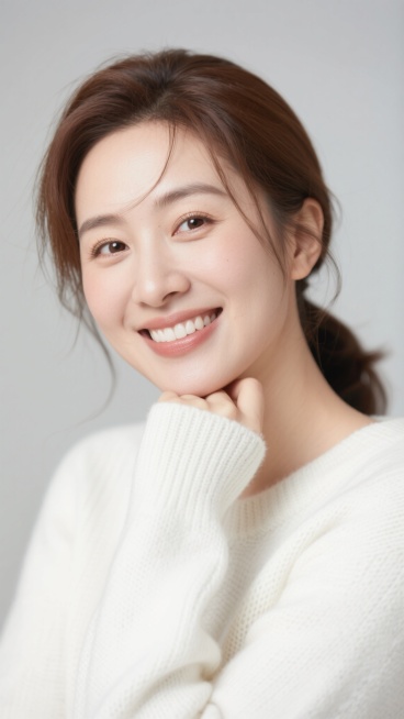 一位30岁左右的女性，保持着自然灿烂的微笑，眼神明亮有神，棕色的长发在脑后松松挽起，几缕碎发自然垂落在额前和脸颊两侧。她穿着一件质地柔软的白色针织衫，右手轻轻托着下巴，姿态优雅放松。整体画面采用高清人像摄影风格，光线柔和均匀，以浅灰色为背景，突出人物细腻的肌肤质感和自然的妆容，色彩清新淡雅，氛围温暖亲切，构图为经典的近景人像，聚焦于人物的面部表情和上半身姿态。预览效果