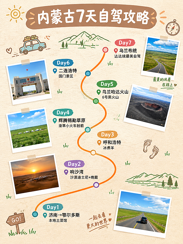 一张内蒙古7天自驾游路线攻略图，竖版3:4，ins清新旅行手账风格，版式精美，小红书笔记质感。画面顶部居中主标题：「内蒙古7天自驾攻略」，白色粗体字配浅棕色色块底框。画面主体是一条蜿蜒的橙色曲线从左下延伸到右上，串联起7个圆形点位，每个点位用彩色圆点标记，旁边标注Day数+城市+核心亮点文字：Day1济南→鄂尔多斯（本地土菜馆）、Day2响沙湾（沙漠迪士尼+晚霞）、Day3呼和浩特（冰煮羊）、Day4辉腾锡勒草原（滑草小火车射箭）、Day5乌兰哈达火山（6号黑火山）、Day6二连浩特（国门景区）、Day7乌兰布统（达达线最美自驾）。曲线路径旁散落着5张拍立得风格的小照片，分别是：沙漠晚霞风景、绿色草原风光、黑色火山地貌、国门建筑、自驾公路风景，照片有白色边框和轻微倾斜角度，错落有致。背景是浅米色纸张纹理，点缀着一些手绘小元素：小汽车简笔画、指南针、小脚印、山脉剪影。整体色调温暖治愈，橙绿蓝配色，信息层级清晰，文字全部清晰可读。画质高清细腻，4K。