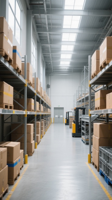 超写实主义摄影风格，高清晰度，明亮自然光从顶部天窗和两侧高处窗户均匀洒落，光线柔和无强烈阴影，整体色调以工业灰、金属银、纸箱棕黄为主，辅以局部亮色点缀。纵深构图，中央是洁净光滑的浅灰色环氧地坪通道，两侧高耸的金属仓储货架整齐排列至画面尽头，货架上堆满不同尺寸的棕色纸箱，部分纸箱贴有蓝色或黄色胶带标签。不同样式的现代化仓库内部场景，保留金属货架结构和整齐堆叠的纸箱核心元素，可替换为具有不同布局（……预览效果