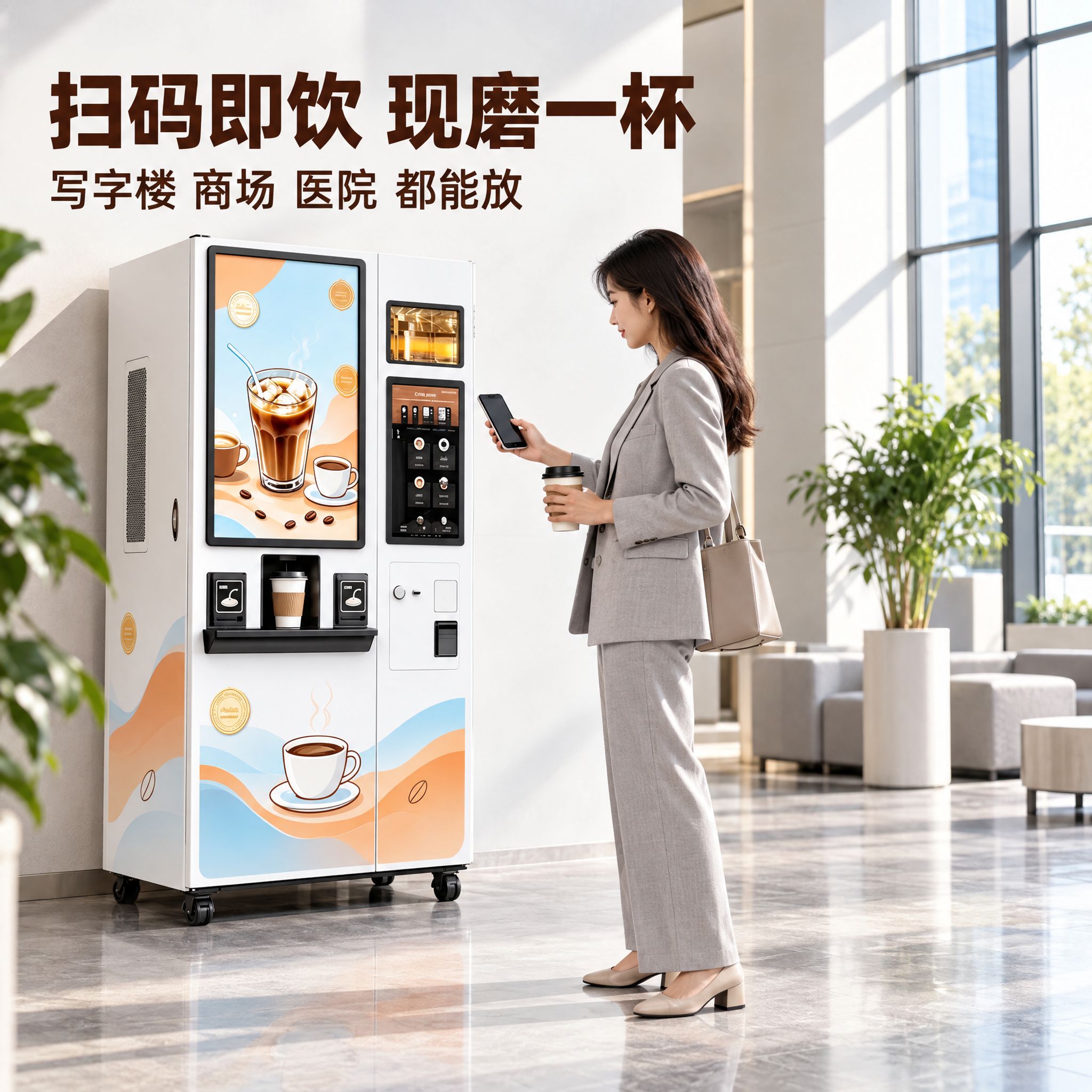 以【图1】中的咖啡自助售货机为唯一机器依据，严格保持机身结构、… - 图片创意预览