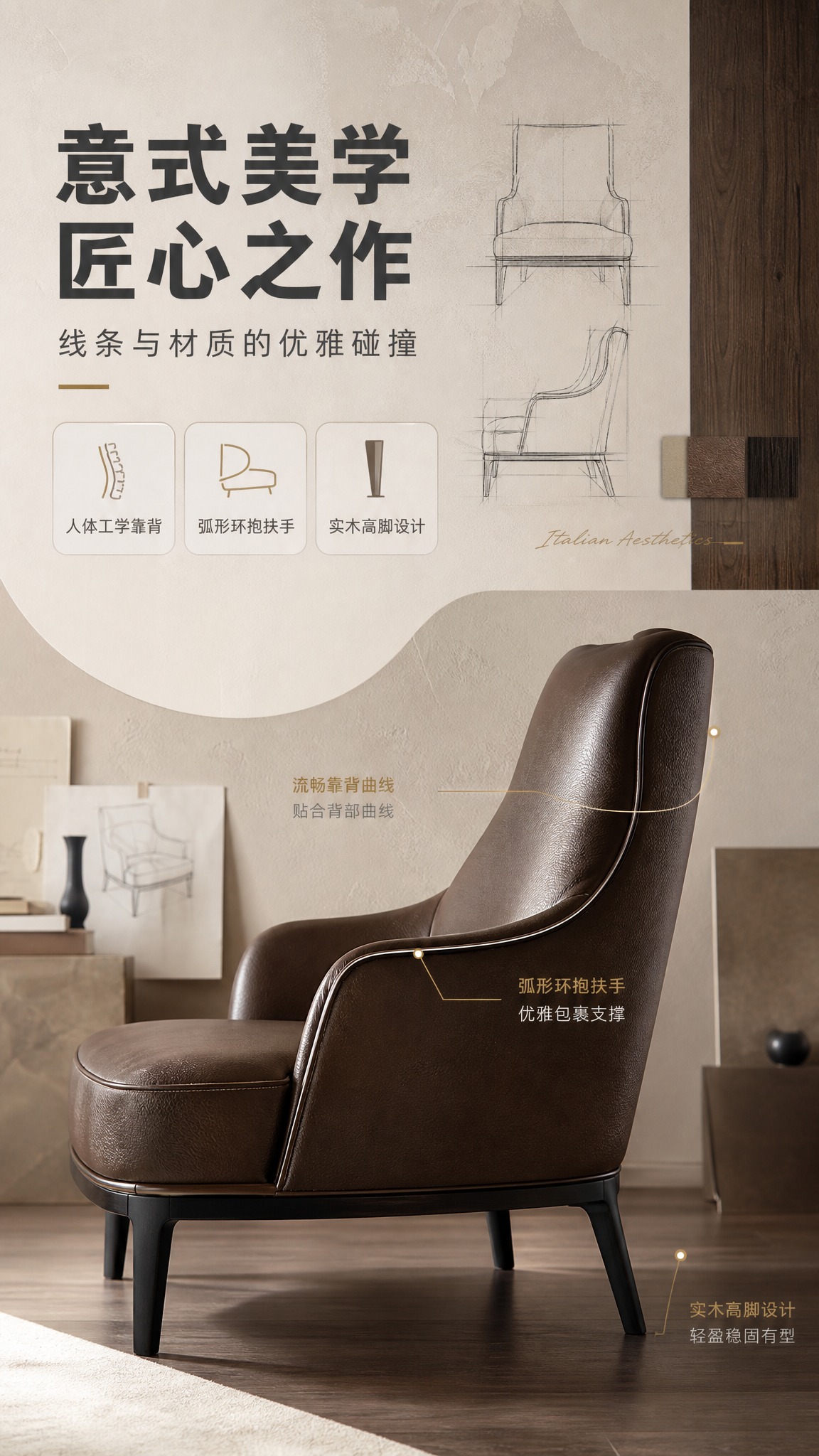 [商品] 使用【图1】深咖色真皮单人休闲椅；保留高靠背、弧形扶… - 图片创意预览