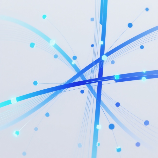 白色背景上，由蓝色渐变线条和发光节点构成的抽象科技感图形，线条呈现出动态的几何交错形态，节点散发着微弱的光晕，整体造型具有未来感和数字化特质，色彩从浅蓝到深蓝自然过渡，线条粗细均匀且富有层次感，节点大小不一地分布在线条的交汇点上，营造出轻盈而精密的视觉效果。预览效果