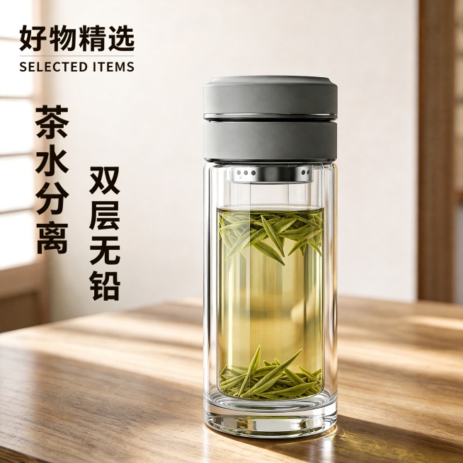 基于原图进行优化调整，保持日系极简茶系氛围，原木肌理茶桌，温柔窗边漫射自然光，细碎柔和光影洒落，画面干净治愈、松弛雅致。主体为高透双层茶水分离玻璃杯，通透澄澈、质感温润，保留原灰色盖子颜色不变，清晰展预览效果