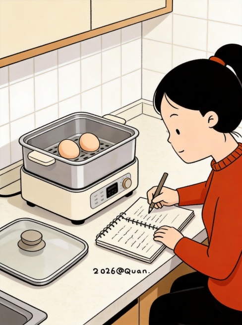 按照当前插画画风，将桌面替换为厨房台面，台面上放着一个正方形电动蒸锅，锅盖放在电动蒸锅旁边，电动蒸锅里放着两颗鸡蛋预览效果