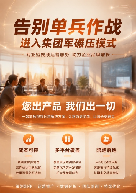 企业短视频运营服务宣传海报，风格高级感，真实无AI感，暖色系科技感，A4竖版构图，采用暖橙色搭配浅棕色科技商务背景，主标题放置在上方"告别单兵作战"，副标题"进入集团军碾压模式"，中部突出slogan预览效果