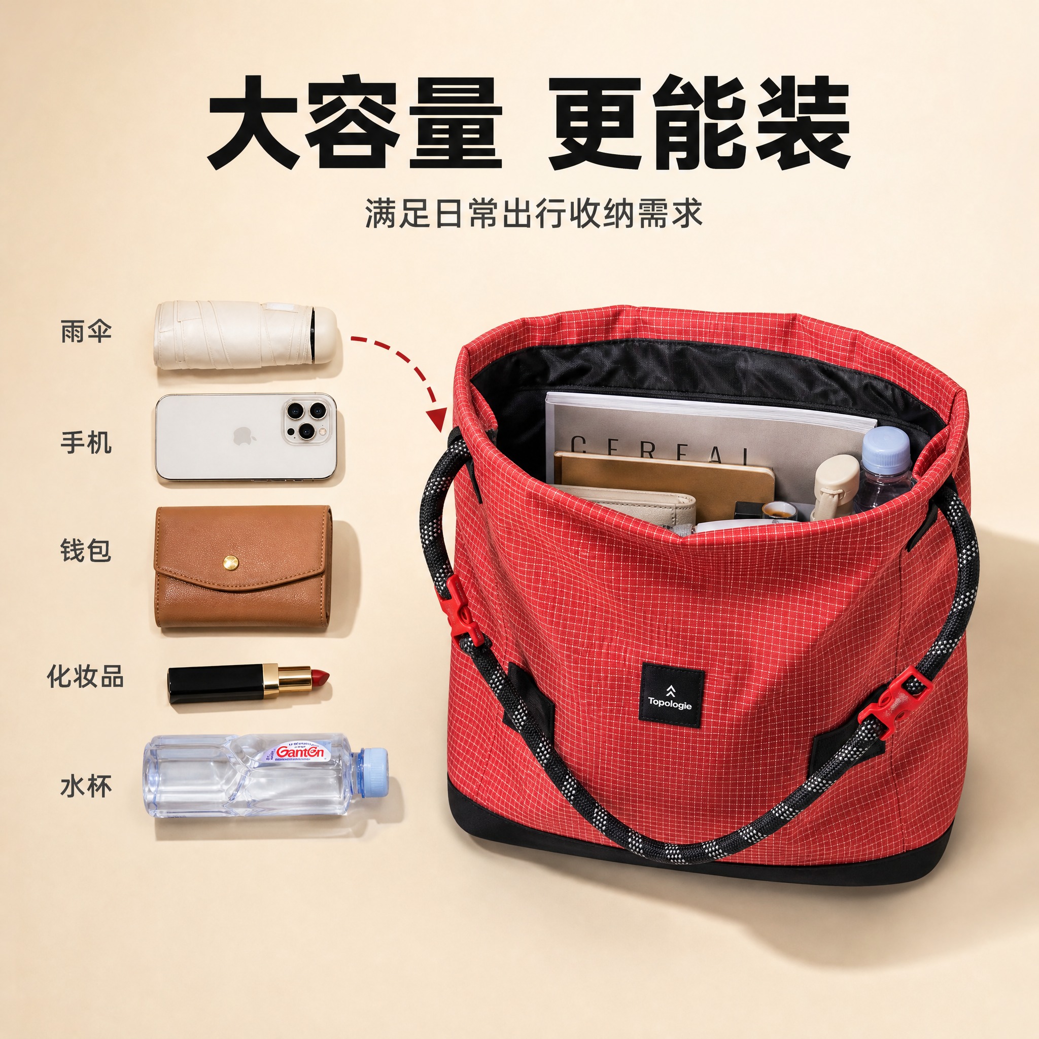 [主图-5] 红色格纹攀岩绳托特包容量卖点图，突出大容量收纳与… - 图片创意预览