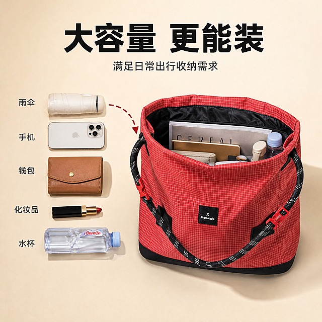 [主图-5] 红色格纹攀岩绳托特包容量卖点图，突出大容量收纳与日常实用属性。
[统一基调] 高级感 品质感 信息型电商主图风格；背景为浅卡其色渐变背景，柔和自然光；整体配色以红色格纹包为主视觉，搭配黑色攀岩绳与红色快拆扣；标题字色为黑色粗体，辅助字色为深灰色，强调色为红色；字体为现代无衬线粗体；文字放在画面顶部与侧边负空间，不遮挡包包主体。
[画面] 包包正面摆放，主体占画面约50%，位于画面右侧，开口朝上微微打开，展示内部空间；包包左侧摆放一组日常物品示意容量：折叠雨伞、手机、钱包、口红、笔记本、矿泉水瓶，物品整齐排列在包包旁边，用虚线箭头指向包内，表示可以全部装入；物品大小比例真实，体现包包大容量特点；背景为浅卡其色渐变背景，底部有柔和投影；顶部留白用于标题文字。
[光影质感] 柔和自然影棚光，从上方向下照射，包包与物品都有自然的底部阴影，立体感强；格纹面料纹理清晰，物品质感真实；整体光影柔和均匀。
[配色] 主色红色格纹，辅助色黑色攀岩绳、红色快拆扣、浅卡其背景、黑色文字、多彩日常物品点缀；整体色调温暖实用。
[文字版式] 画面顶部居中放置主标题，大号黑色粗体无衬线字："大容量 更能装"；主标题下方放置小号深灰色辅助文字："满足日常出行收纳需求"；画面左侧物品旁边有小号深灰色标注文字，分别标注物品名称："雨伞 手机 钱包 化妆品 水杯"；文字横排，标题最大最粗，辅助文字字号约为标题的45%。
[输出要求] 1:1正方形比例，2048x2048像素；包包清晰，物品摆放自然，文字清晰可读；负向：变形 模糊 色差 悬浮 水印 平台Logo 多余杂物 文字遮挡主体 错字