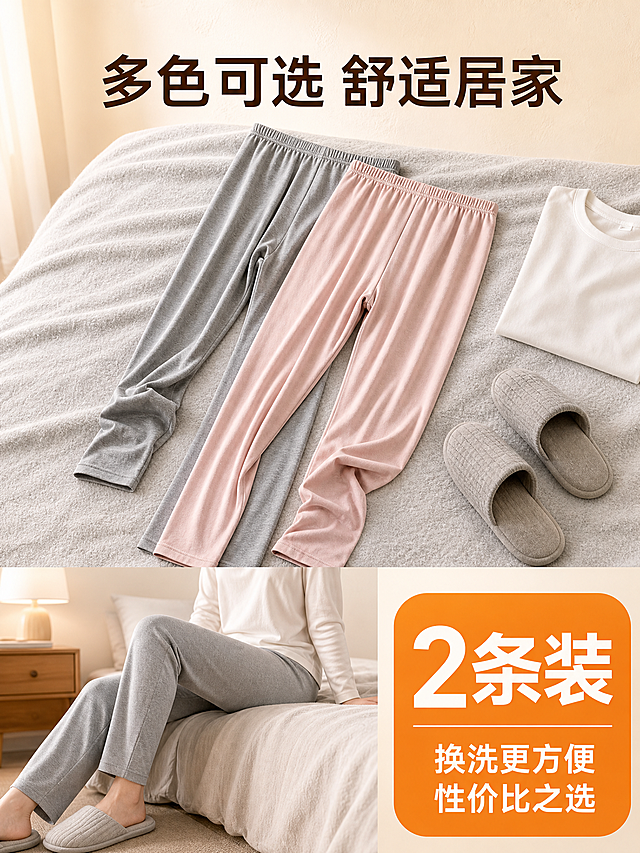 [主图-5] 主题：多色展示+场景穿搭 2条装性价比呈现。
[统一基调] 淘宝/天猫专业品质风格，柔和时尚摄影光，高级感生活化，背景为浅米色肌理墙面，整体暖调柔和，主标题字色深棕色，强调色暖橙色，辅助字色浅棕色，字体为简洁无衬线粗体，字号层级分明，无多余装饰。
[画面] 画面上半部分展示两条秋裤平铺叠放场景，裸粉色和浅灰色两条秋裤整齐摆放在浅灰色羊绒质感的床品上，旁边搭配一双浅灰色棉拖鞋和一件白色T恤，营造居家温馨氛围。下半部分左侧是模特穿着浅灰色秋裤的居家场景局部照，模特坐在床边，双腿自然弯曲，展示日常穿着状态；右侧是橙色圆角价格感区域，大号白色字"2条装"，下方小字"换洗更方便 性价比之选"。画面顶部深棕色大标题"多色可选 舒适居家"。
[光影质感] 温馨居家暖光，光线柔和均匀，床品质感柔软，秋裤自然垂坠有褶皱，整体氛围温暖舒适。
[配色] 背景浅米色+浅灰床品，秋裤裸粉色和浅灰色，强调色暖橙色，文字深棕色，整体暖色调居家感。
[文字版式] 顶部标题居中，右下角2条装信息块醒目，文字层级分明，不遮挡产品主体。
[输出要求] 比例3:4，产品颜色版型与原图一致，场景自然和谐，文字清晰，无变形无模糊，无水印无平台Logo。