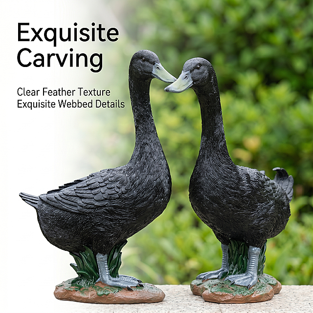 [Main Image 2] Black duck ornament details close-up selling point image for Amazon cross-border e-commerce. Keep the appearance (physical structure, material texture, color) of the black duck ornaments in the input picture absolutely consistent, eliminate any deformation and color difference, fine processing. Close-up focus on the feather texture and webbed foot carving details of the black duck, highlight the delicate engraving. Place it in a natural garden corner scene, the product accounts for about 70% of the picture, and there is negative space for text. [Atmosphere style] natural fresh outdoor scene sense; [Picture quality] commercial photography texture, soft and transparent light, clear and real product, clean and advanced picture. [Light and shadow] natural soft outdoor light, main light on the duck ornament detail part, auxiliary light fill shadow, highlight the texture of feather texture. [Color matching] natural green as the background color, black product prominent, natural color coordination. [Perspective composition] close-up front view, shallow depth of field, focus on the carving details. [Text layout] upper left negative space left-aligned, large text "Exquisite Carving", small text "Clear Feather Texture  Exquisite Webbed Details", English text, simple, does not block the product. [Proportion resolution] 1:1 proportion, 2K resolution; Text clear and sharp, super high definition. [Negative prompt] deformation, watermark, text disorder, blurred product image, messy background, Chinese characters, exaggerated words.
