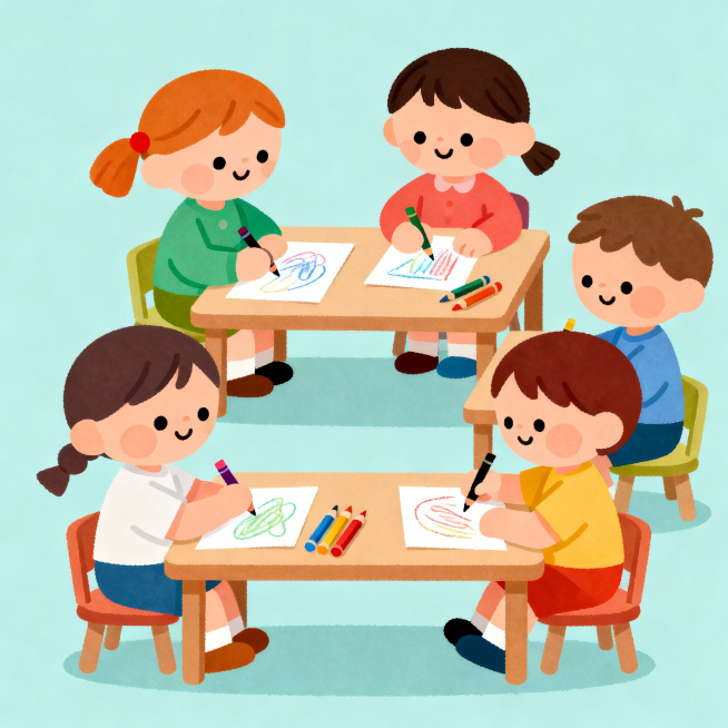 幼儿园主题卡通插画，可爱扁平风格，纯色背景，圆润的线条，简洁的造型，明亮的色彩，可爱的卡通形象，孩子们围坐在小桌子旁画画，桌上放着彩色蜡笔和画纸预览效果
