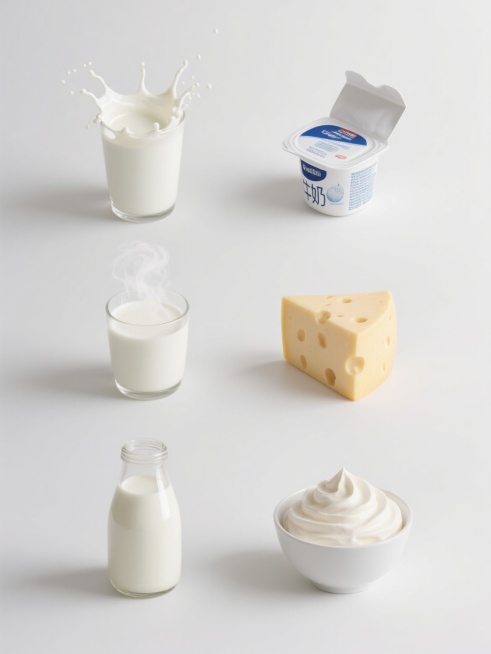 六个不同奶制品的规整排布系列素材集合，保持与原图一致的超写实摄影风格，纯白色纯色背景，高清晰度，光线明亮柔和，物体表面光滑有光泽，包含一杯正在飞溅出奶花的纯牛奶、一盒打开的酸奶、一块奶酪、一杯冒着热气的热牛奶、一瓶牛奶和一碗奶油，每个奶制品都具有清晰的细节和真实的质感，整体画面干净整洁，视觉效果统一，符合奶元素类目的设计需求。预览效果