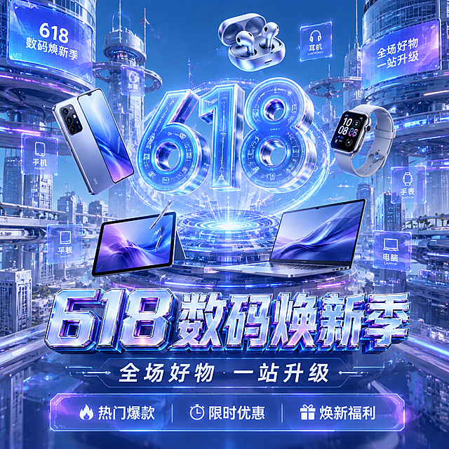 618数码全品类促销主视觉海报，比例1:1，打造恢弘的未来悬浮科技都市，整座城市由玻璃高楼、银白色空中廊桥、蓝紫色数据光轨和悬浮广告屏组成。城市中心上空悬浮巨大的立体发光 “618” 数字，像未来都市的能量中枢。主视觉展示多款同系列数码产品：智能手机、平板电脑、笔记本电脑、无线耳机、智能手表，产品围绕618数字形成环形悬浮矩阵。主标题 “618 数码焕新季” 采用未来玻璃金属字效，字体厚重立体，边缘为银白金属描边，内部带半透明玻璃折射效果，字面流动蓝紫色数据光纹，局部有全息彩虹反光和细微电路纹理。“618”数字做成巨型悬浮能量核心，带蓝白色霓虹光晕、环形数据轨道和轻微粒子散射。副标题 “全场好物 一站升级” 使用简洁科技无衬线字体，底部信息 “热门爆款 / 限时优惠 / 焕新福利” 放入半透明悬浮UI信息条中。整体标题区高级、科技、清晰，具有强促销识别度。画面干净通透，光影柔和自然，细节控制得当，整体清晰度高，边缘精致利落，渐变过渡顺滑自然。不要噪点、颗粒感、伪影、高频碎细节、脏污纹理、过度锐化、斑驳脏块、杂乱细节。