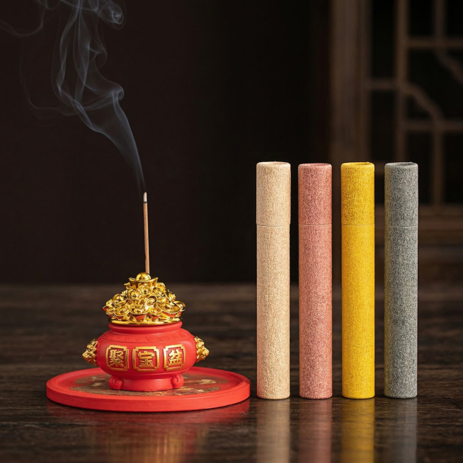 保留聚宝盆香插、四款线香所有产品细节和结构不变，移除所有文字介绍，更换为统一的新中式禅意茶室深色木质桌面背景，保持产品纹理、颜色不变，自然柔和侧光，氛围静谧雅致，商业静物摄影，1:1方形电商主图构图，预览效果