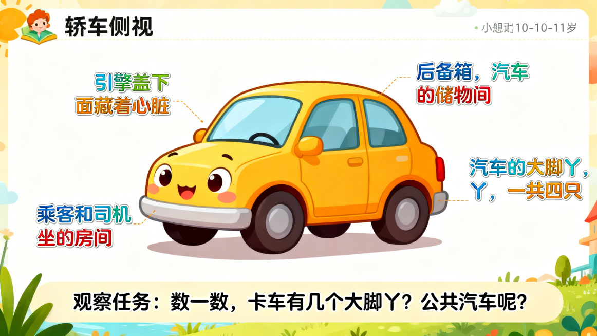 卡通风格PPT页面，主题是汽车的身体结构，页面中间是可爱的卡通轿车侧视图，分别标出车头（标注“引擎盖下面藏着心脏”）、车身（标注“乘客和司机坐的房间”）、车尾（标注“后备箱，汽车的储物间”）、车轮（标预览效果