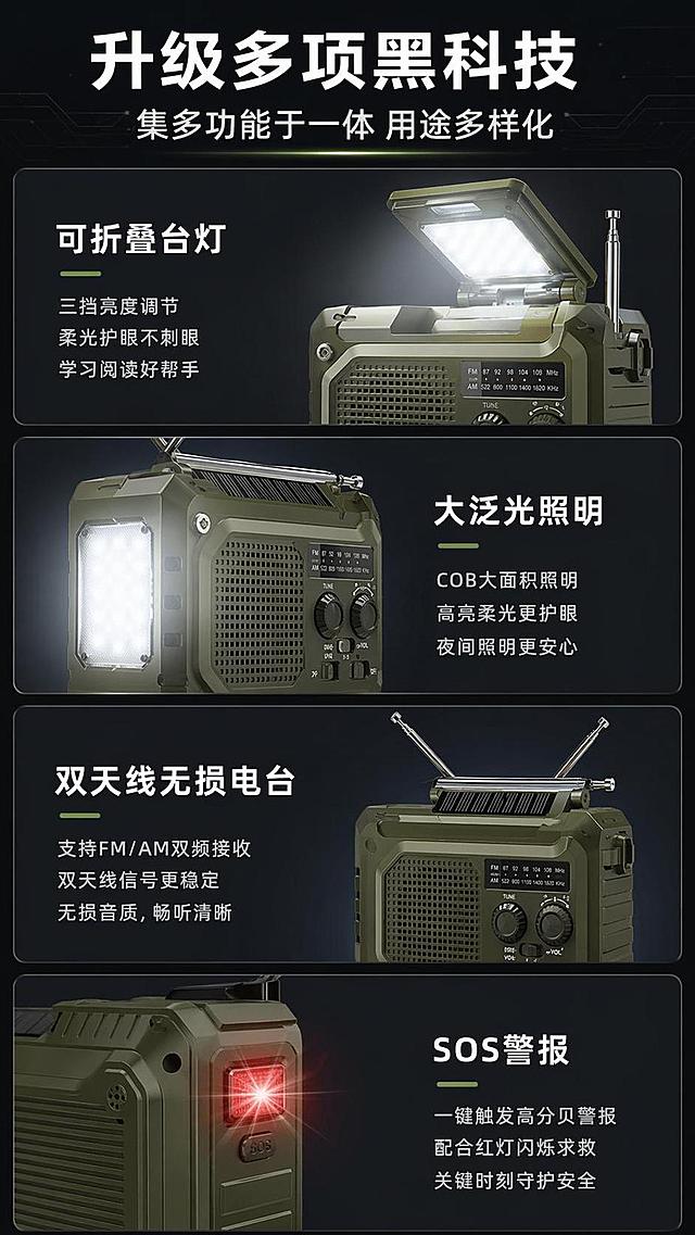 [第3屏] 核心卖点总览-升级多项黑科技，集多功能于一体。本屏使用【图2】作为商品参考，分区展示功能模块。
[氛围/风格] 深色科技风，清晰分区展示卖点，专业直观。
[元素布局] 顶部大标题，下方分四个功能模块，每个模块搭配产品局部展示图和文案说明，产品各个功能部件结构与原图保持一致，整体排版错落有致。
[光影质感] 深色背景下产品主体打光清晰，每个功能区光影均匀，文字与背景对比明显，可读性强。
[配色色系] 深灰底色#1E1E1E，主标题白色，功能标题白色，正文浅灰，产品展示保留原色军绿。
[视角构图] 通屏上下排版，分区块展示，每个功能区独立成块，手机阅读一目了然。
[文字版式] 顶部大标题「升级多项黑科技」，副标题「集多功能于一体 用途多样化」，四个模块分别为：可折叠台灯、大泛光照明、双天线无损电台、SOS警报，每个模块搭配短描述，使用阿里普惠字体，排版清晰。
[比例分辨率] 9:16竖版比例，4K分辨率，高清画质，文字清晰可辨。
[负向提示词] 产品变形，结构错误，文字错乱，色块混杂，文字过小