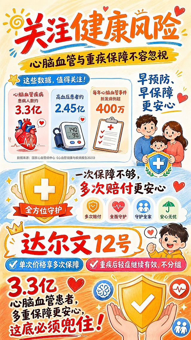一张亮色手绘风格的健康保障宣发海报，竖版构图，结构清晰，重点突出。顶部用醒目的手绘艺术字写主标题："关注健康风险"，下方配副标题："心脑血管与重疾保障不容忽视"。中间部分用数据卡片形式展示健康数据，配手绘图标（心脏、血压计、健康符号），旁边配文字："早预防、早保障更安心"。中部用手绘盾牌和守护图标配文字："一次保障不够，多次赔付更安心"。下半部分突出产品信息，用醒目的手绘产品名："达尔文12号"，下方配核心卖点："单次价格享多次保障，重疾后轻症继续有效、不分组"，用彩色手绘标签标注。底部用大号手绘字强调："3.3亿心脑血管患者，多重保障更安心，这底必须兜住！"，配盾牌、守护、爱心等手绘安全图标。整体色调明亮活泼，以橙黄、暖红、浅蓝为主色调，手绘线条圆润可爱，信息层级分明，视觉冲击力强，适合朋友圈传播。