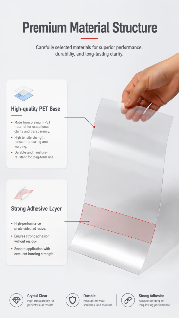 [第4屏] Material & Structure Analysis page for PET Cold Laminating Crystal Film. This screen uses [ima预览效果