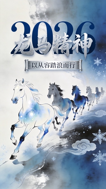 现代杂志排版风格。背景呈现从右侧幽蓝向左侧银白过渡的高级感抽象纹理，夹杂冰晶祥云图案。画面为八匹奔腾的水墨风阿拉伯马插画，以流畅线条和清透晕染勾勒动态，马身轮廓与边缘融入银蓝渐变光泽。八匹马整体采用对预览效果