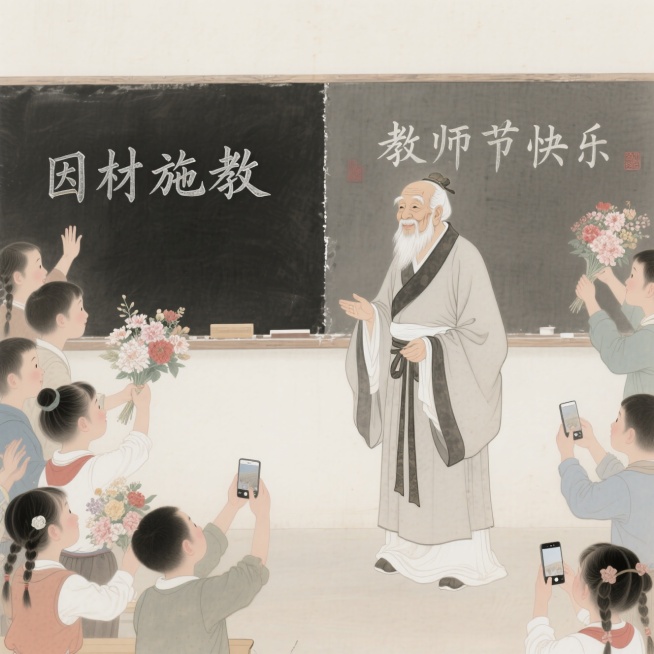 老夫子站在现代教室黑板前，黑板上一半写 “因材施教”，一半写 “教师节快乐”，周围画学生举着鲜花和手机拍照预览效果