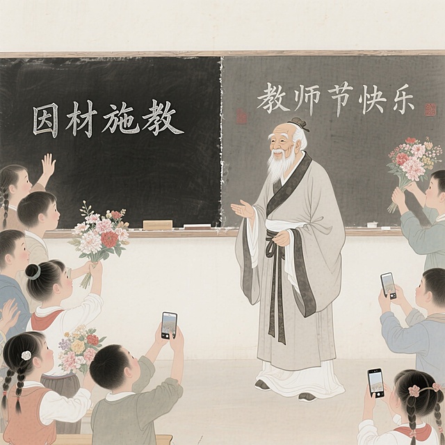 工笔风插画，展现教师节温馨场景，学生献花致敬，古典与现代交融，文艺感十足。