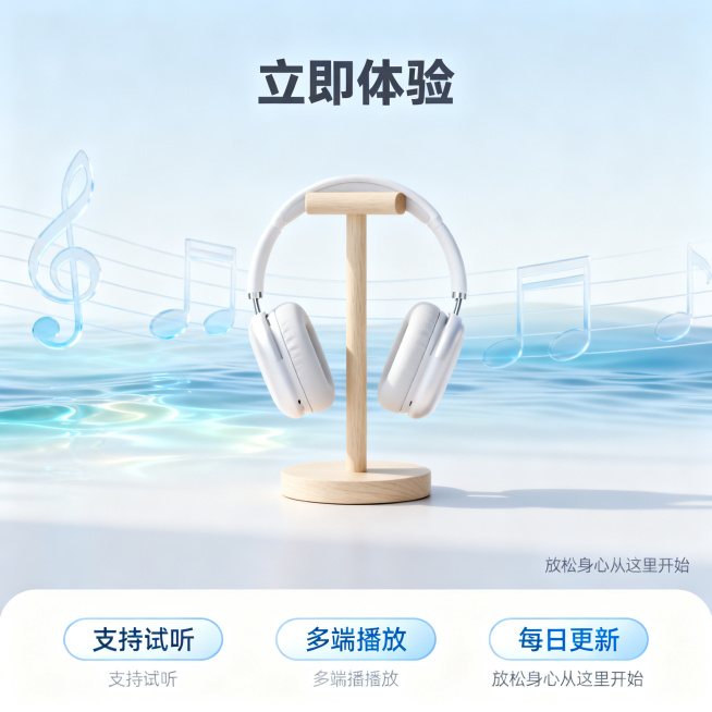 [主图 5] 轻音乐权益转化图，引导用户试听。
[氛围风格] 柔和治愈风格，和整套主图保持风格光影配色统一。
[画质] 商业设计质感、光线柔和通透、元素清晰真实、画面干净高级，超高清。
[元素] 画面预览效果