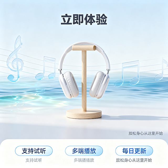 [主图 5] 轻音乐权益转化图，引导用户试听。
[氛围风格] 柔和治愈风格，和整套主图保持风格光影配色统一。
[画质] 商业设计质感、光线柔和通透、元素清晰真实、画面干净高级，超高清。
[元素] 画面中心放置一个简约木质耳机架，挂着白色无线耳机，背景是半透明淡蓝色音符水波纹渐变，整体简洁高级。底部放置服务权益信息，两端留白不触边，整体构图宽松透气。主体占比约65%，满屏无边框。
[光影] 中心产品主光柔和，背景水波有柔和渐变光影，整体干净通透，无硬阴影。
[配色] 浅蓝渐变背景，米白木质元素，浅灰色文字，延续整套主图低饱和清新配色。
[视角构图] 中心构图，主体突出，层次分明。
[文字版式] 页面顶部放置主标题「立即体验」，深灰色粗体居中；底部三枚悬浮胶囊图标横向排列：第一枚「支持试听」，第二枚「多端播放」，第三枚「每日更新」；图标浅蓝底白色文字，排版均衡；右下角小字提示：“放松身心从这里开始”，浅灰色。所有文字不遮挡主体，对比清晰。
[比例分辨率] 1:1 比例，2k 分辨率；文字清晰锐利，画面超高清。
[负向提示词] 变形，水印，文字错乱，产品图模糊，背景杂乱，配色刺眼，遮挡主体，绝对化违禁词，诱导按钮。