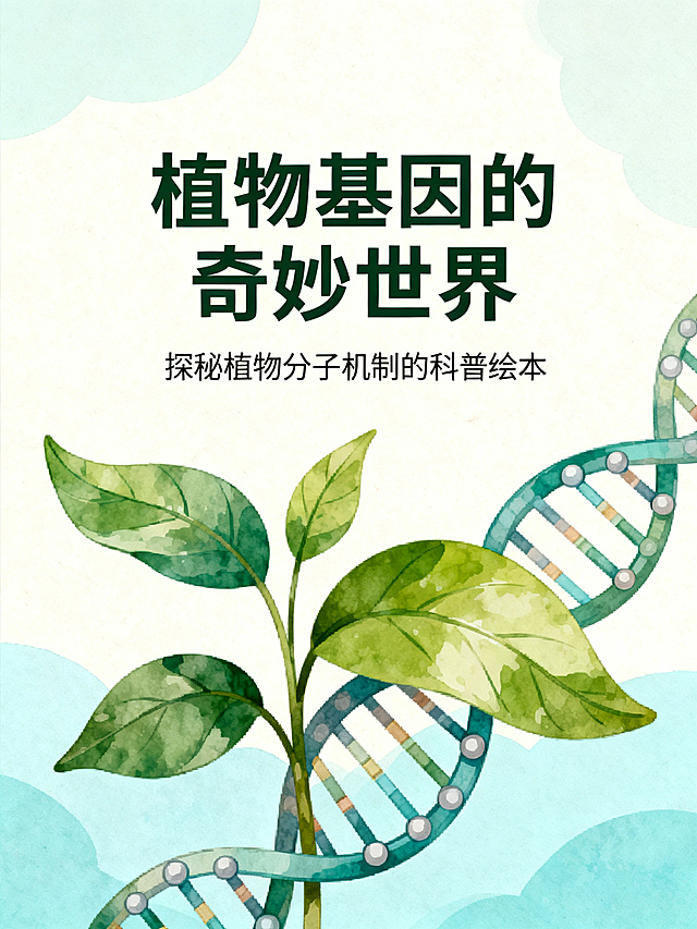 制作电子科普手册封面，主标题“植物基因的奇妙世界”，副标题“探秘植物分子机制的科普绘本”，风格简约清新，融合了植物和DNA元素，科学插画风格，配色自然清新，标题居中醒目