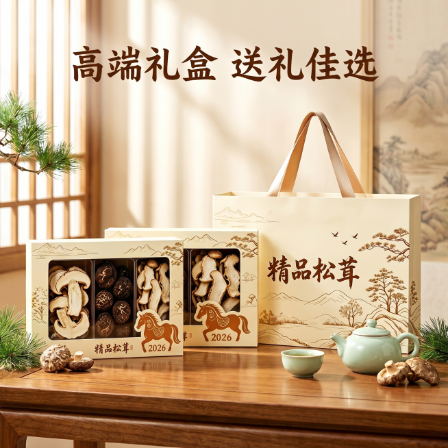 [主图 4] 精品松茸礼盒送礼场景展示主图。[氛围风格] 自然雅致，节日送礼温馨氛围，古风山野愈风。[画质] 商业摄影质感，光线柔和通透，产品清晰真实，画面干净高级。[元素] 精品松茸礼盒搭配礼品袋，预览效果
