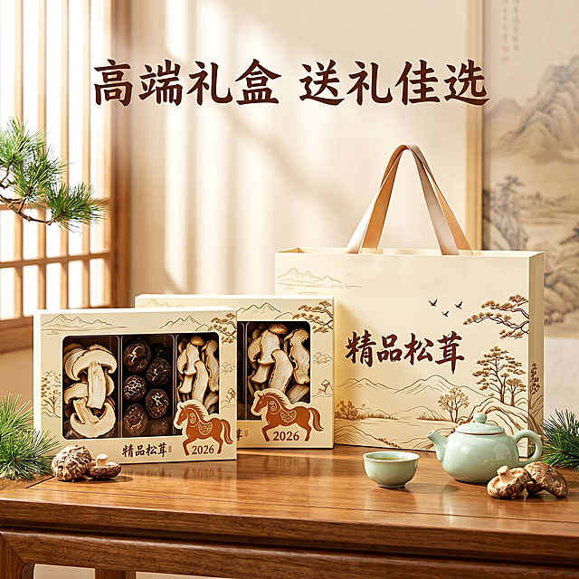 [主图 4] 精品松茸礼盒送礼场景展示主图。[氛围风格] 自然雅致，节日送礼温馨氛围，古风山野愈风。[画质] 商业摄影质感，光线柔和通透，产品清晰真实，画面干净高级。[元素] 精品松茸礼盒搭配礼品袋，放置在中式茶桌角几上，旁边搭配简约茶具和松枝点缀，营造高端送礼场景。保持礼盒和礼品袋外观与输入产品图绝对一致，杜绝任何变形和色差，精细化处理。商品主体占比约70%，画面满铺无边框。[光影] 室内柔和自然光，整体光线均匀温暖，凸显礼盒质感，营造温馨送礼氛围，光影层次自然。[配色] 主色调米白暖棕，原木色搭配浅青色茶具，自然雅致。[视角构图] 平视45度角，场景自然呈现，景深适中，主体突出。[文字版式] 顶部居中放置主标题“高端礼盒 送礼佳选”，深棕色大号书法字体，不遮挡产品主体。[比例分辨率] 1:1 比例，2k 分辨率，文字清晰锐利，画面超高清。[负向提示词] 变形，水印，文字错乱，产品图模糊，背景杂乱，遮挡主体，颜色失真