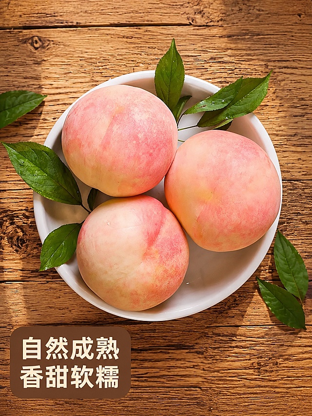 [第5屏] 俯视摆盘展示，展示多颗完整水蜜桃整体外观，本屏使用【图4】作为主体。
[氛围/风格] 自然原木风，温馨有生活感，新鲜自然的生鲜风格。
[元素布局] 装在白盘里的三颗水蜜桃占据画面中心约65%，保留原图果型颜色、摆放位置和桃叶装饰，背景为木纹桌面，木质纹理自然不抢产品风头。
[光影质感] 自然光从上方打下来，投影自然柔和，果皮绒毛清晰，桃子新鲜度得以凸显。
[配色色系] 全局底色 #E8D7C2，主色木色棕+水蜜桃粉，绿叶作辅助，深棕色文字。
[视角构图] 俯视全景，主体居中，构图均衡稳定。
[文字版式] 左下角深棕色圆角块，文字「自然成熟 香甜软糯」，主标题加粗清晰，不遮挡桃子主体。
[比例分辨率] 宽750px 高1000px，3:4竖版，高清画质，文字清晰。
[负向提示词] 桃子变形，颜色失真，文字遮挡主体，水印，模糊