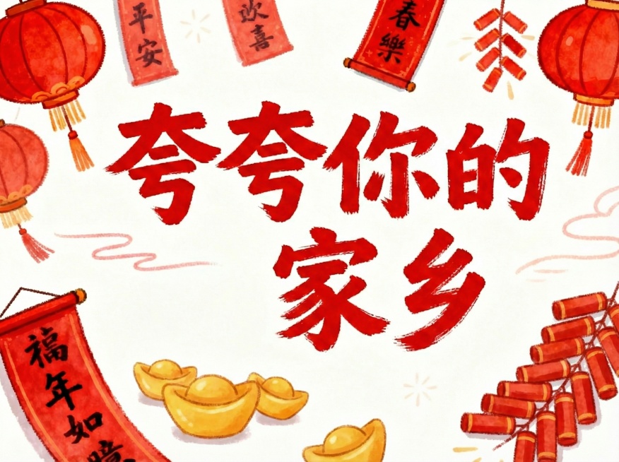 这张图的右下角加上一个斜着的鞭炮，左下福年如意的右侧加几个元宝，不要超过家乡两个字的最下端，重新生成一版本预览效果