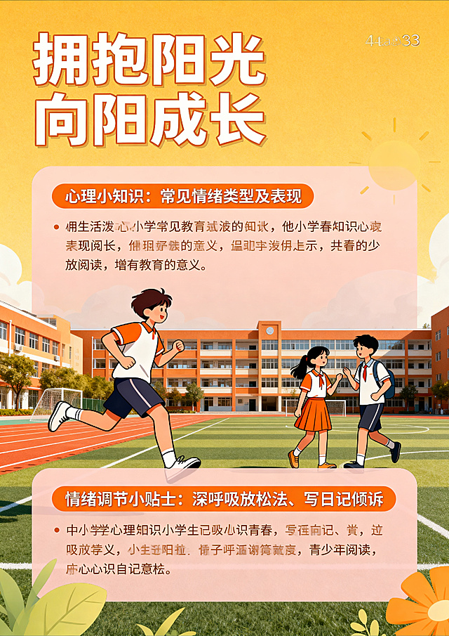 中小学生心理知识科普海报，A3尺寸，整体风格青春活泼，主标题："拥抱阳光 向阳成长"，包含心理小知识板块、情绪调节小贴士板块，搭配校园操场背景和简约插画，色彩明亮温暖，文字排版清晰简洁，适合青少年阅读，富有教育意义