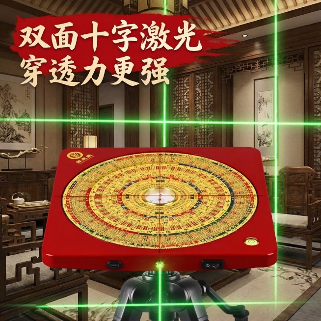 基于原图生成激光罗盘主图第四张，产品外观保持一致，中式风格。展示产品安装在三脚架上的完整使用场景，背景为中式室内空间，清晰呈现双面十字强激光的实际效果，传递使用体验。文案："双面十字激光 穿透力更强"预览效果