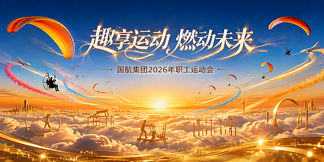 高端企业运动会主KV海报设计，2:1超宽横版。【版本7：动力伞翱翔天际型】

画面以壮丽的云海日出为背景，天空从底部的橙金色渐变到顶部的深蓝色，层次丰富。多架色彩鲜艳的动力伞在云海之上翱翔，动力伞的伞翼呈现橙色和金色，伞下的人影以剪影形式呈现，充满自由与活力。动力伞拉出长长的彩色烟迹，在空中交织成美丽的弧线。

主标题文字位于画面中上部，采用轻盈飘逸的字体设计，白色为主，金色光晕环绕，仿佛悬浮在云端。主标题两侧有飞机剪影从云中穿出，留下金色尾迹。

画面下方云海中露出金色的运动设施剪影：呼啦圈、平板支撑平台、健身雪橇等，如同云中仙境般的运动乐园。画面底部有一条金色光带，上面点缀着小星星和光点，增加梦幻感。整体氛围：自由、轻盈、激情、梦想飞扬。

画面中必须完整呈现以下文字信息：
主标题："趣享运动 燃动未来"
副标题："国航集团2026年职工运动会"

版式精美，云海动力伞场景，蓝金橙渐变天空，鲜明活力，高端大气，专业设计水准，2:1横版超宽幅